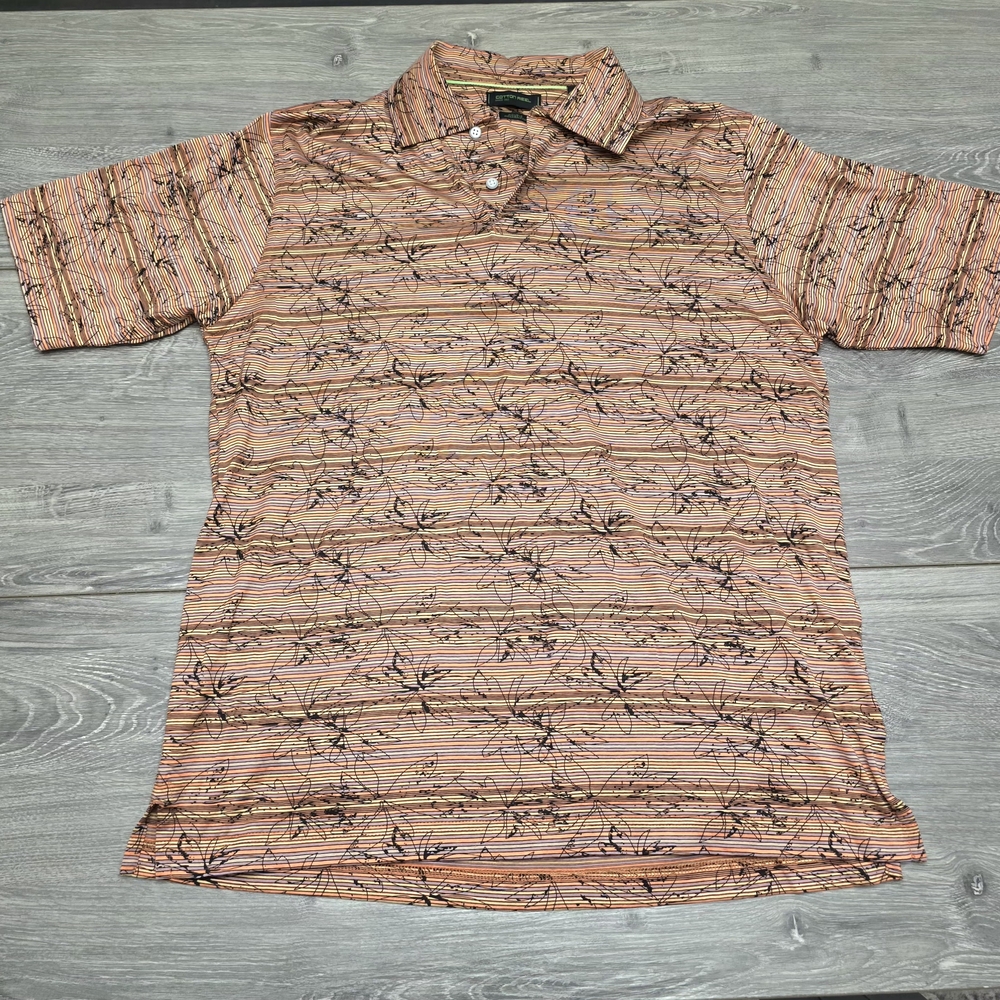 Cotton Reel short-sleeve polo size medium orange and tan striped tropical beach